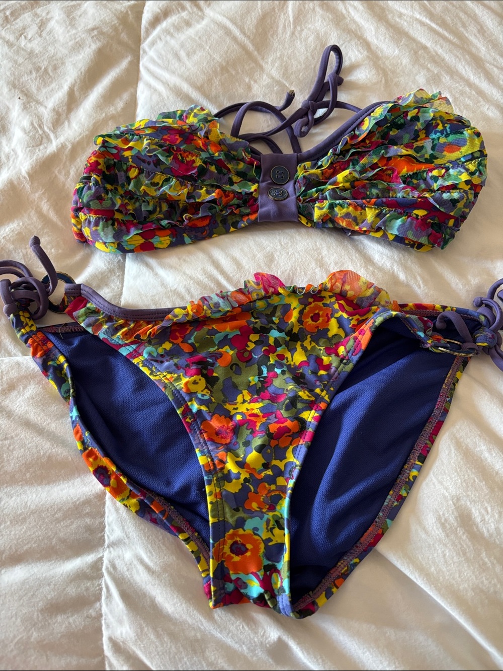 Purple Floral Ruffled Bandeau Bikini Set